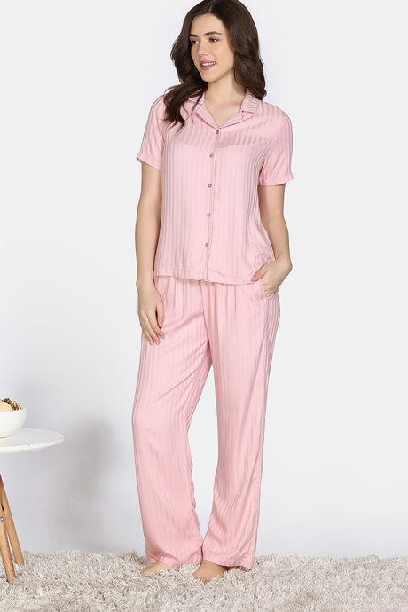Zivame Sugar Stripes Woven Pyjama Set - Coral Blush — image 3